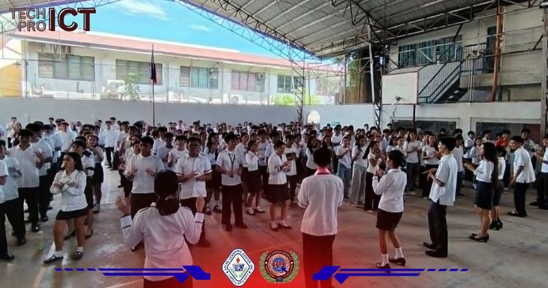 Students gathered under the covered court